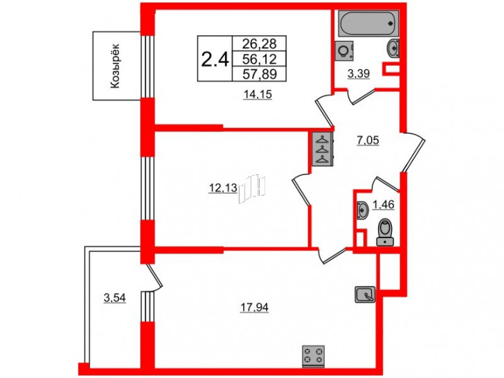 Двухкомнатная квартира 56.12 м²