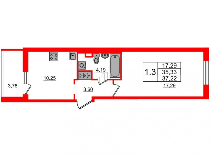 Однокомнатная квартира 35.33 м²