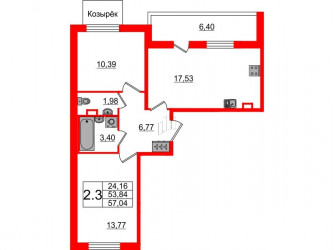 Двухкомнатная квартира 53.84 м²