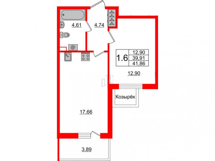 Однокомнатная квартира 39.91 м²