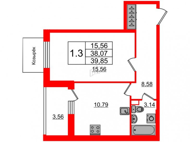 Однокомнатная квартира 38.07 м²