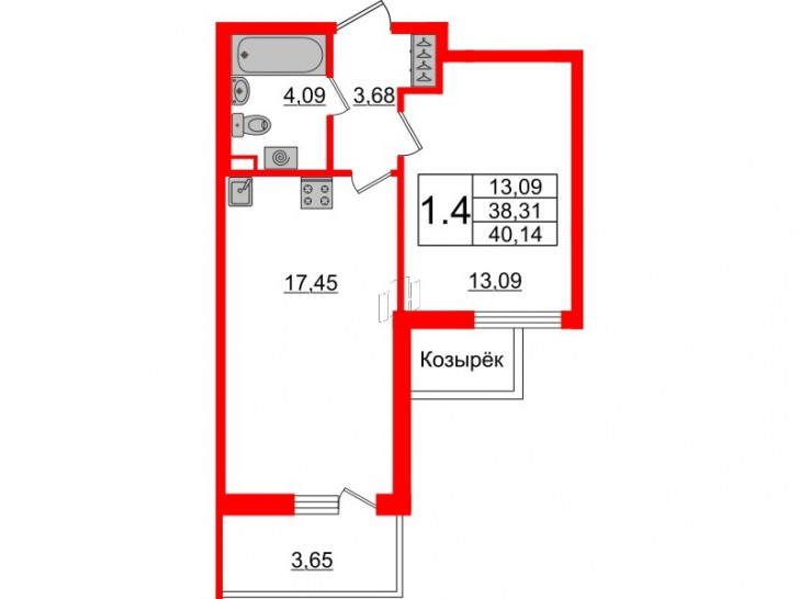 Однокомнатная квартира 38.31 м²