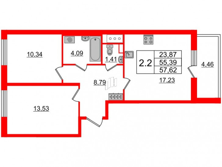Двухкомнатная квартира 55.39 м²