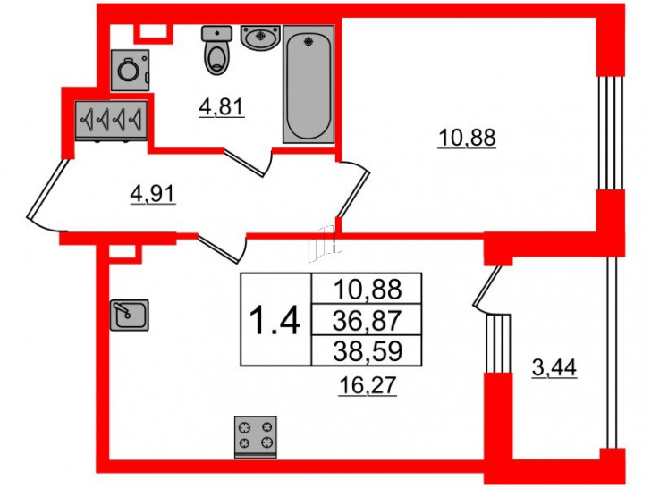 Однокомнатная квартира 36.87 м²