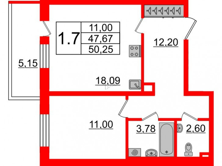 Однокомнатная квартира 47.67 м²