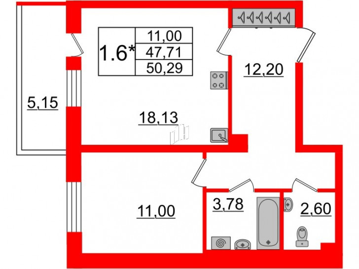 Однокомнатная квартира 47.71 м²