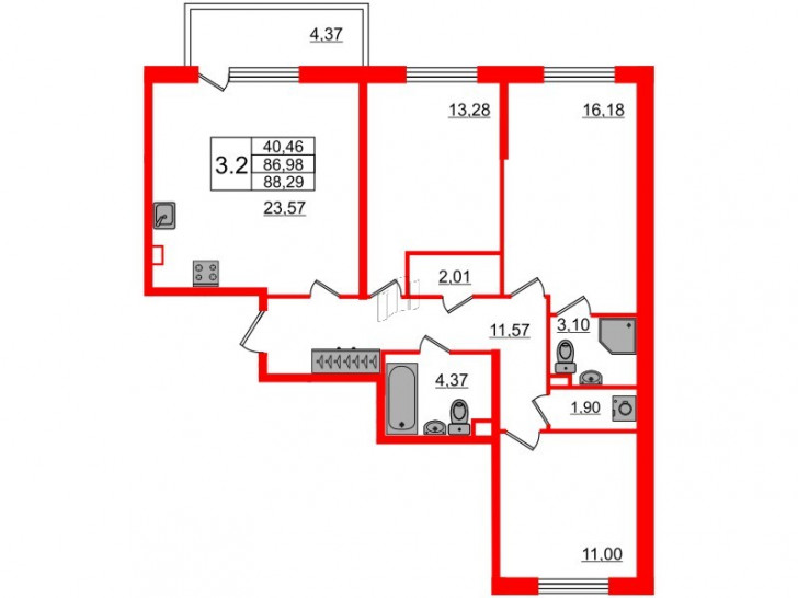 Трёхкомнатная квартира 86.4 м²