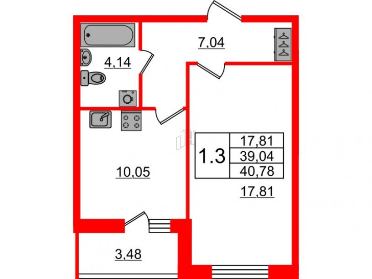 Однокомнатная квартира 38.5 м²