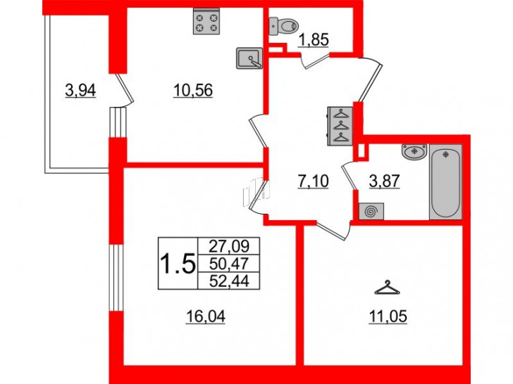 Однокомнатная квартира 50.47 м²