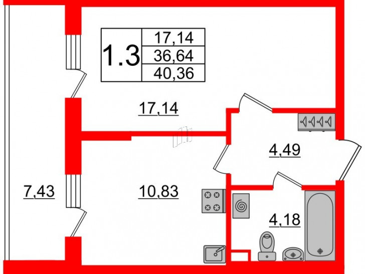 Однокомнатная квартира 36.64 м²