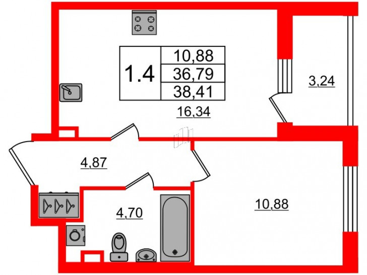 Однокомнатная квартира 36.79 м²