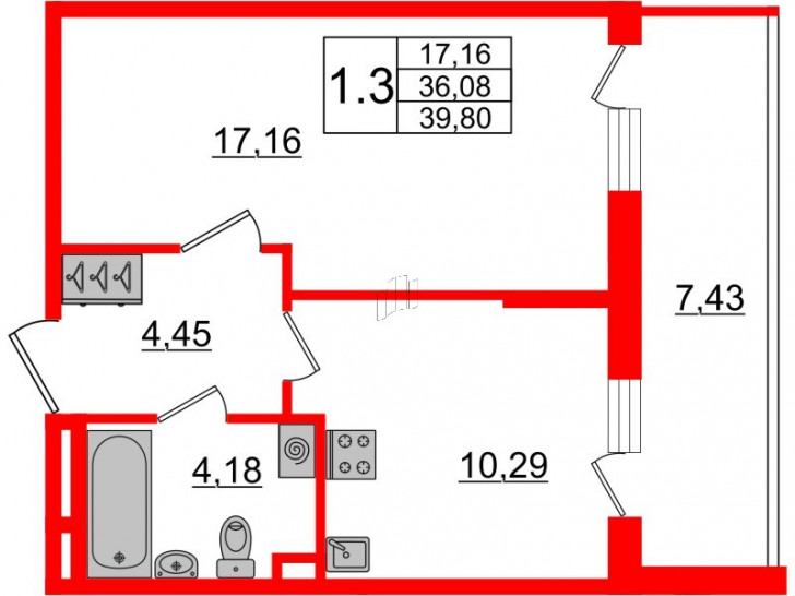 Однокомнатная квартира 36.08 м²