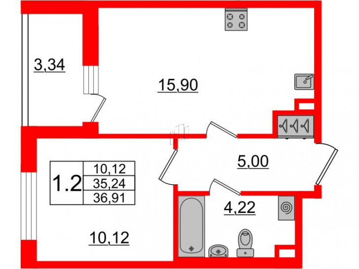 Однокомнатная квартира 35.24 м²