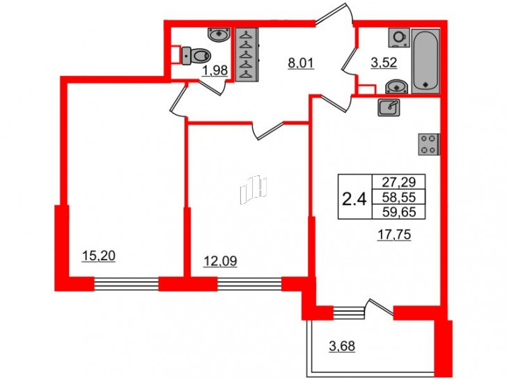 Двухкомнатная квартира 57.3 м²