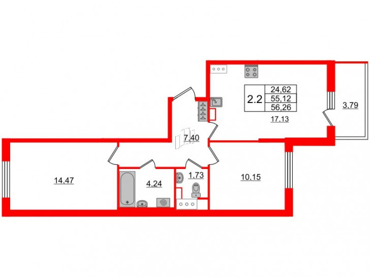 Двухкомнатная квартира 55.12 м²
